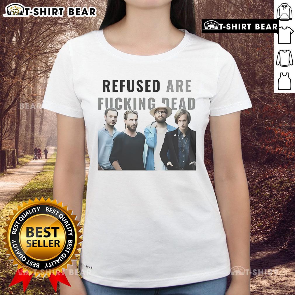 Nice Refused Are Fucking Dead Tour 2025 schedule on a ladies tee, featuring vibrant design and tour dates.
