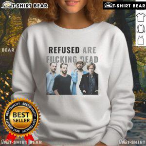 Alt Text: Nice Refused Are Fucking Dead Tour 2025 sweatshirt featuring tour schedule design in bold graphic style.