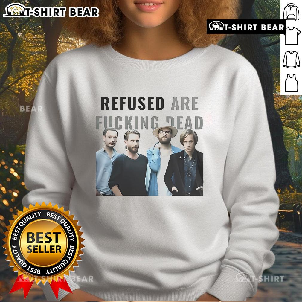 Alt Text: Nice Refused Are Fucking Dead Tour 2025 sweatshirt featuring tour schedule design in bold graphic style.