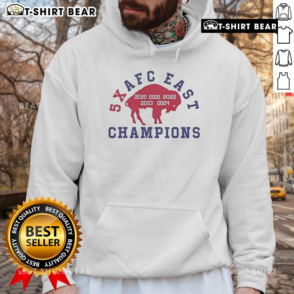 Official Buffalo Bills 5x AFC East Champions hoodie in navy blue, featuring team logo and championship graphics.