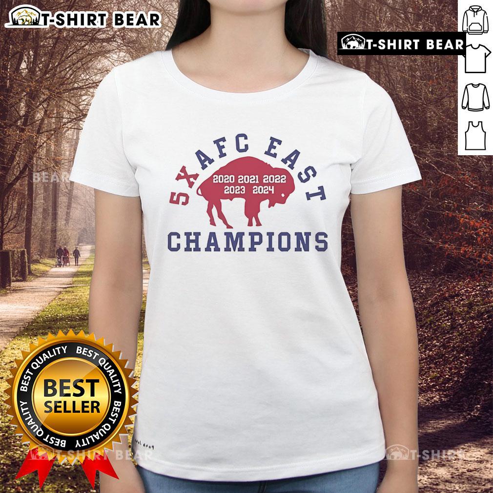 Official Buffalo Bills 5x AFC East Champions ladies tee featuring team colors and logo, perfect for fans and supporters.