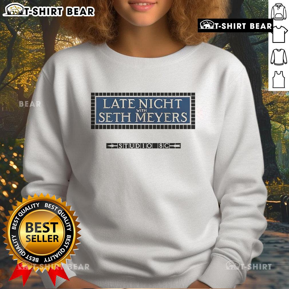 Official Late Night with Seth Meyers Studio 8G sweatshirt featuring logo, perfect for fans of the show and cozy wear.