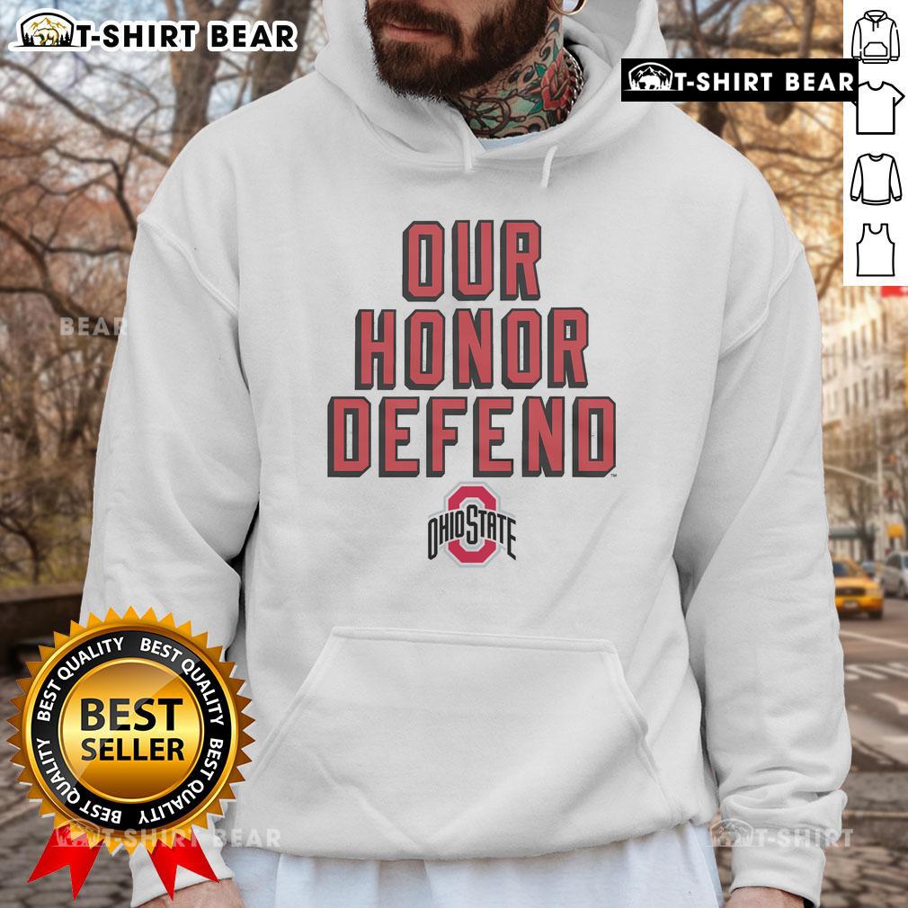 Official Our Honor Defend Ohio State Hoodie in scarlet, featuring logo and comfortable design for fans and athletes.