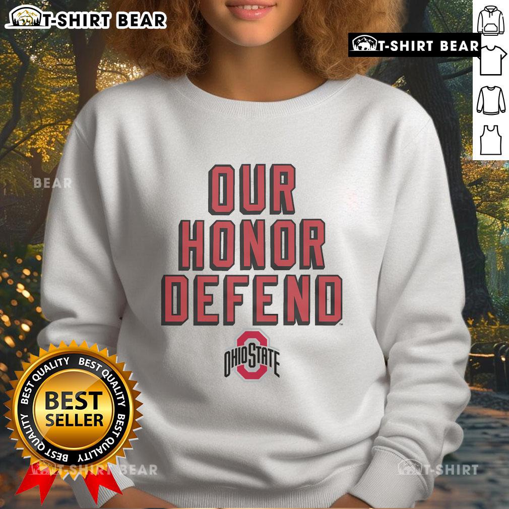 Alt Text: Official Our Honor Defend Ohio State sweatshirt showcasing vibrant colors and logo, perfect for Ohio State fans.
