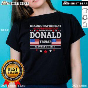 Alt Text: Official Patriot Pride Men's Inauguration Day Trump USA tee featuring red, white, and stars design for ladies.