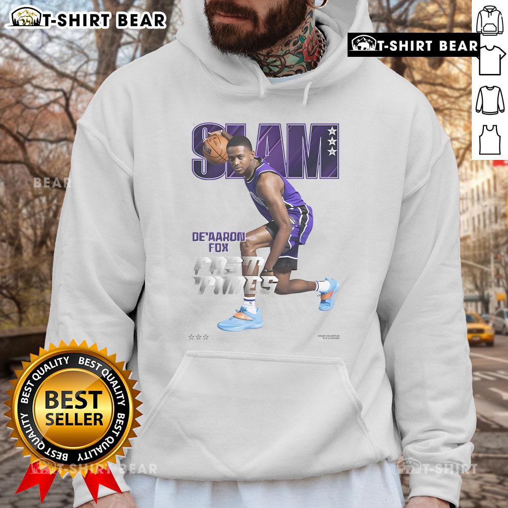 De'Aaron Fox wearing the Official SLAM Fast Times Hoodie, showcasing vibrant design and sporty style.