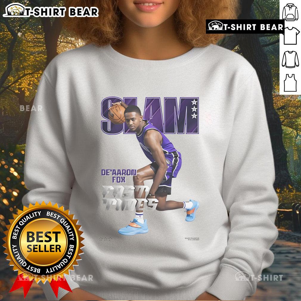 Official SLAM cover featuring De'Aaron Fox in a stylish Fast Times sweatshirt, showcasing basketball culture and fashion.
