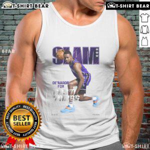 De'Aaron Fox Fast Times tank top design for the Official SLAM magazine cover featuring vibrant graphics and bold colors.