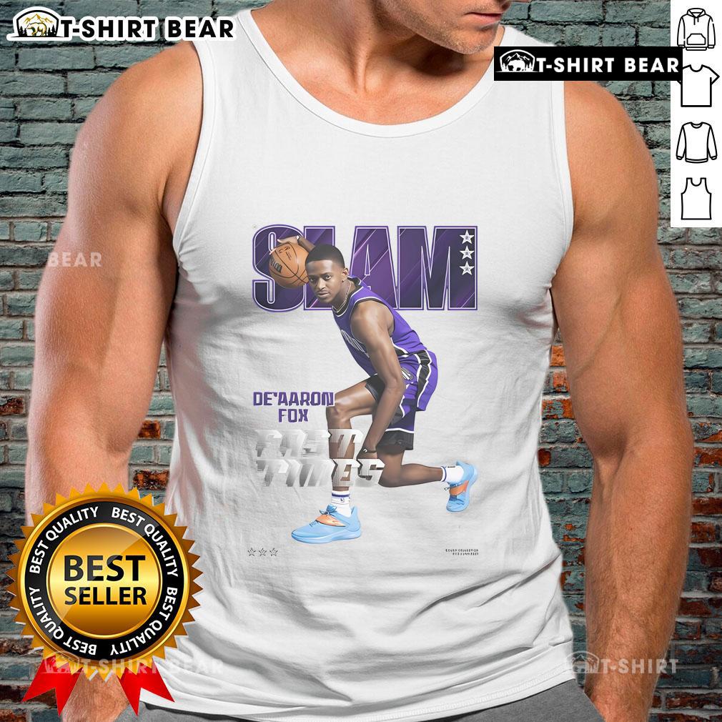 De'Aaron Fox Fast Times tank top design for the Official SLAM magazine cover featuring vibrant graphics and bold colors.