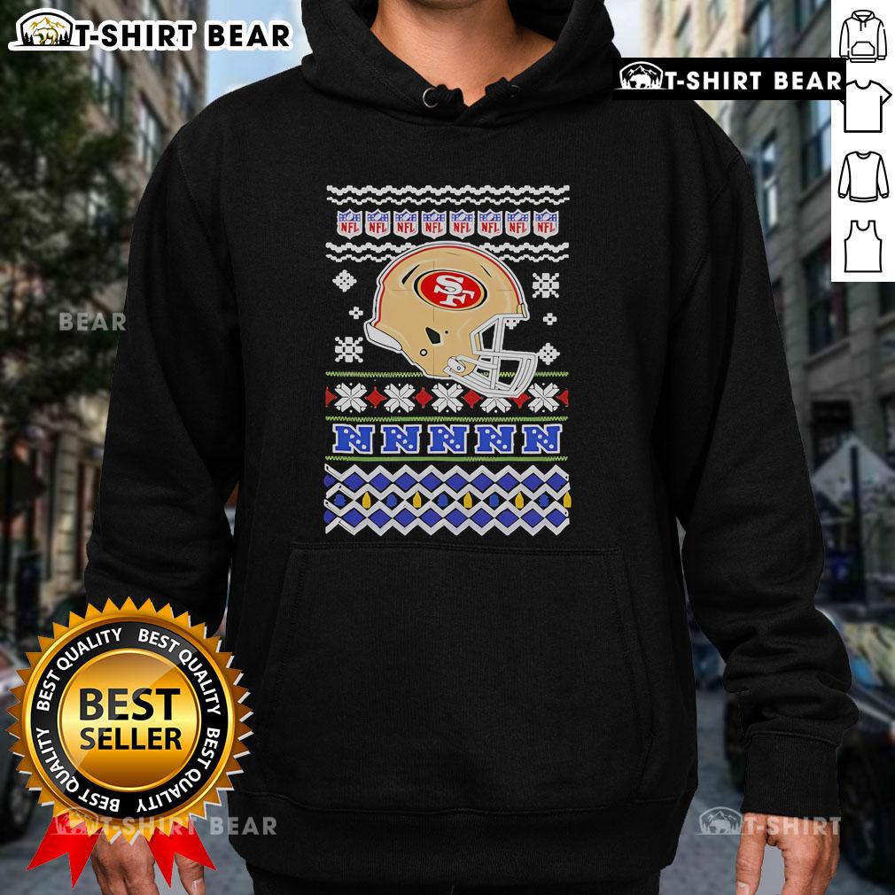 Official San Francisco 49ers NFL Football Christmas helmet hoodie displayed in festive colors and design.