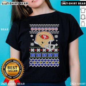 Official San Francisco 49ers NFL Football Christmas Helmet Ladies Tee featuring festive design and team logo.