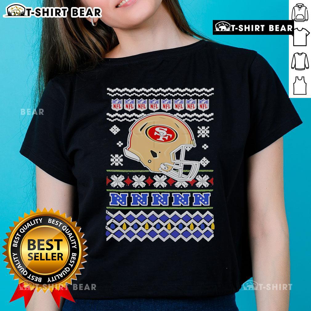 Official San Francisco 49ers NFL Football Christmas Helmet Ladies Tee featuring festive design and team logo.