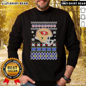 Official San Francisco 49ers NFL football Christmas helmet sweatshirt featuring festive design and team logo.