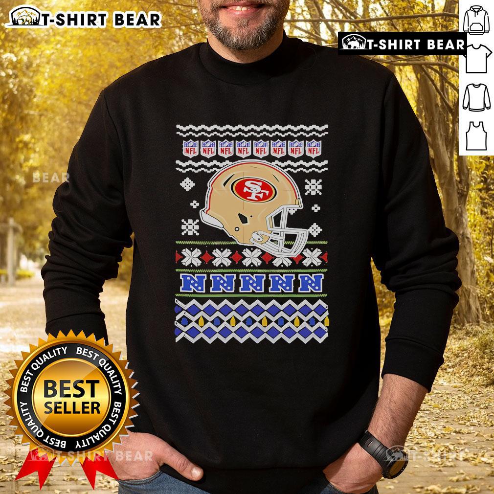 Official San Francisco 49ers NFL football Christmas helmet sweatshirt featuring festive design and team logo.