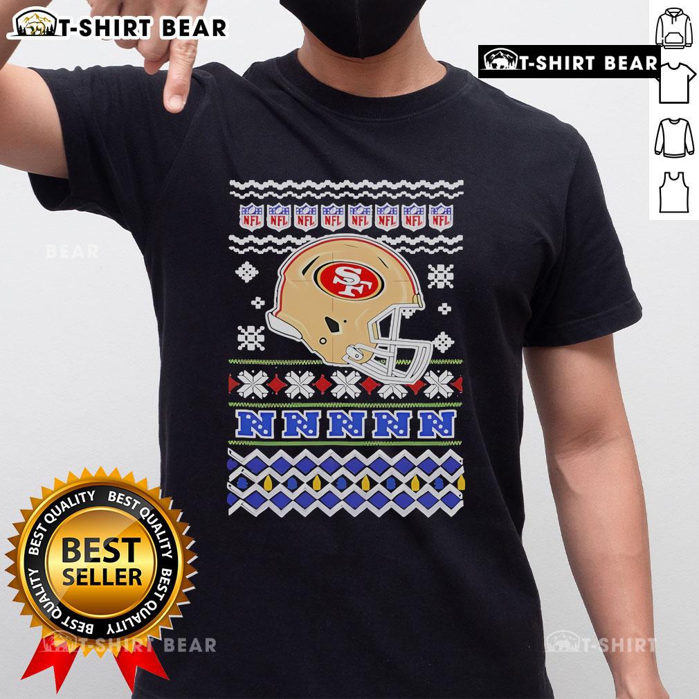 Alt Text: Official San Francisco 49ers NFL Football Christmas Helmet T-Shirt featuring festive design and team colors.