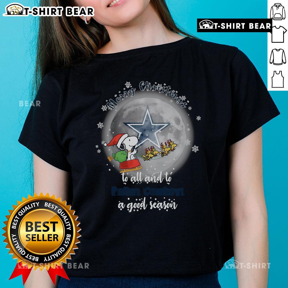 Official Santa Snoopy Merry Christmas tee for ladies, celebrating the Dallas Cowboys' 2024 season in festive style.