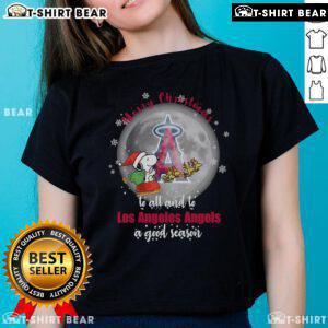Santa Snoopy Merry Christmas design for Los Angeles Angels 2024 ladies tee, perfect festive apparel for fans.