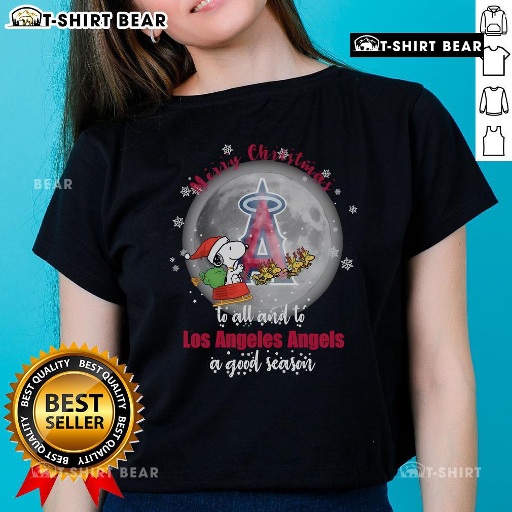Santa Snoopy Merry Christmas design for Los Angeles Angels 2024 ladies tee, perfect festive apparel for fans.