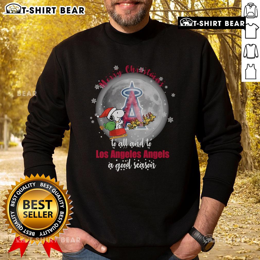 Official Santa Snoopy Merry Christmas sweatshirt for Los Angeles Angels fans, celebrating a good season in 2024.