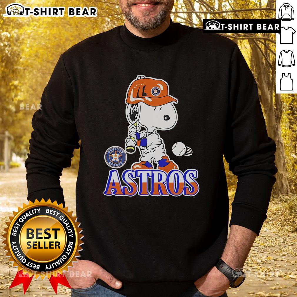 Official Snoopy playing baseball Houston Astros sweatshirt featuring vibrant graphics and cozy design for fans.