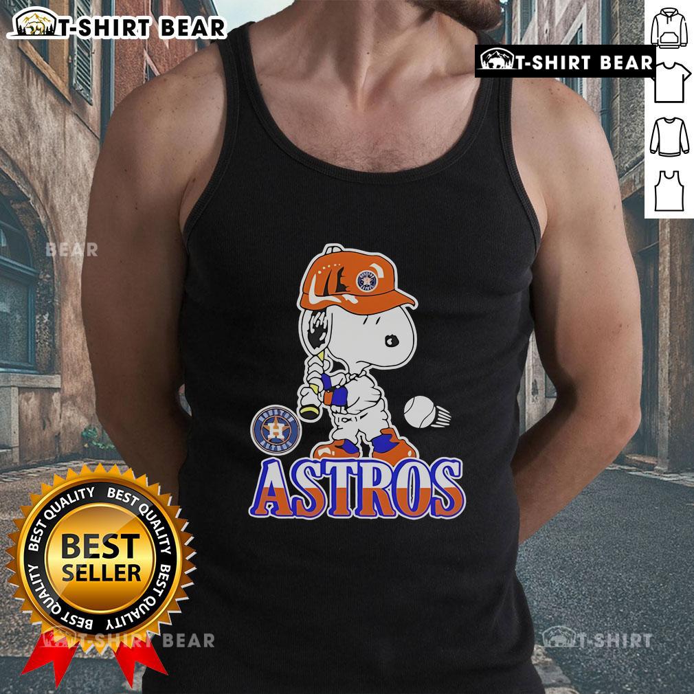Alt Text: Official Snoopy playing baseball in a Houston Astros tank top, perfect for fans and summer sports activities.