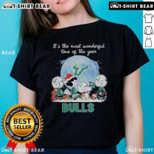 Official South Florida Bulls Christmas ladies tee featuring festive peanut characters for a joyful holiday spirit.