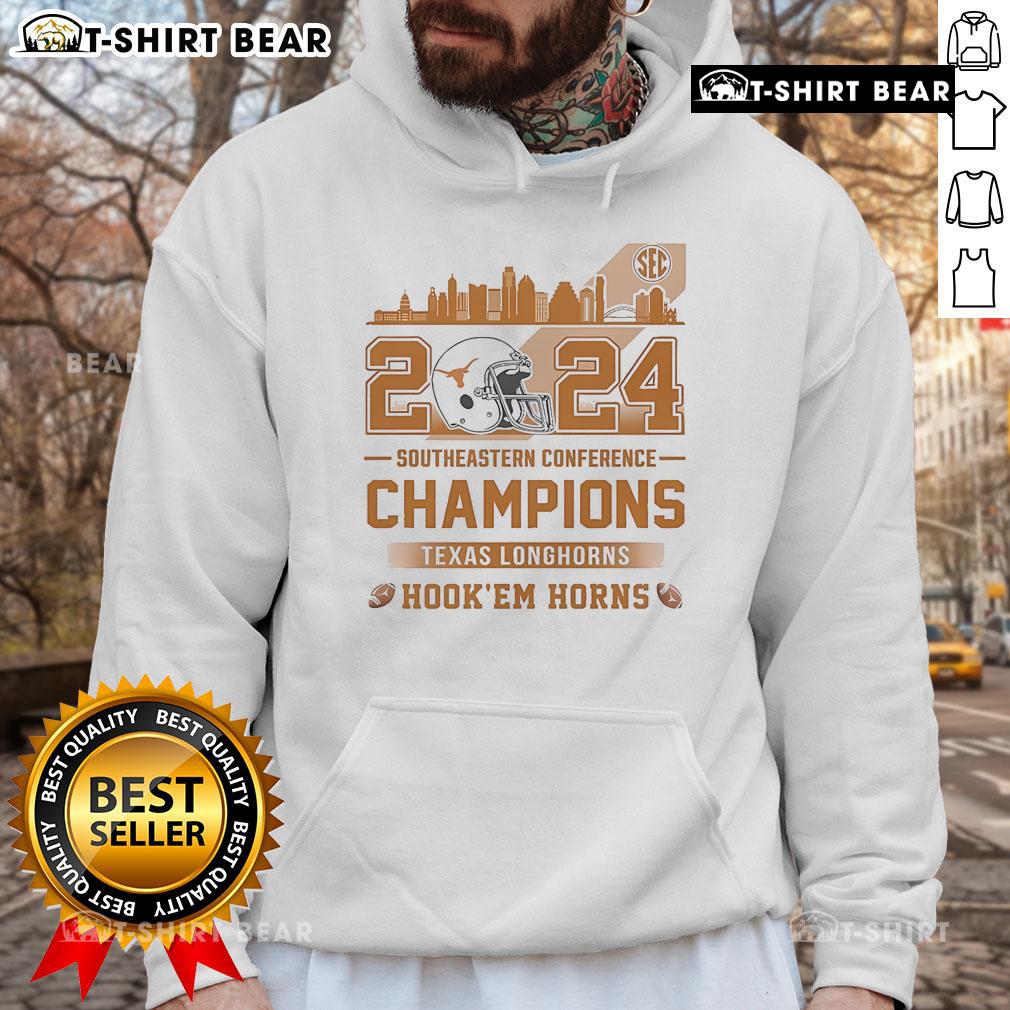 Texas Longhorns Southeastern Conference Champions 2024 hoodie featuring 'Hook Em Horns' design, perfect for fans.