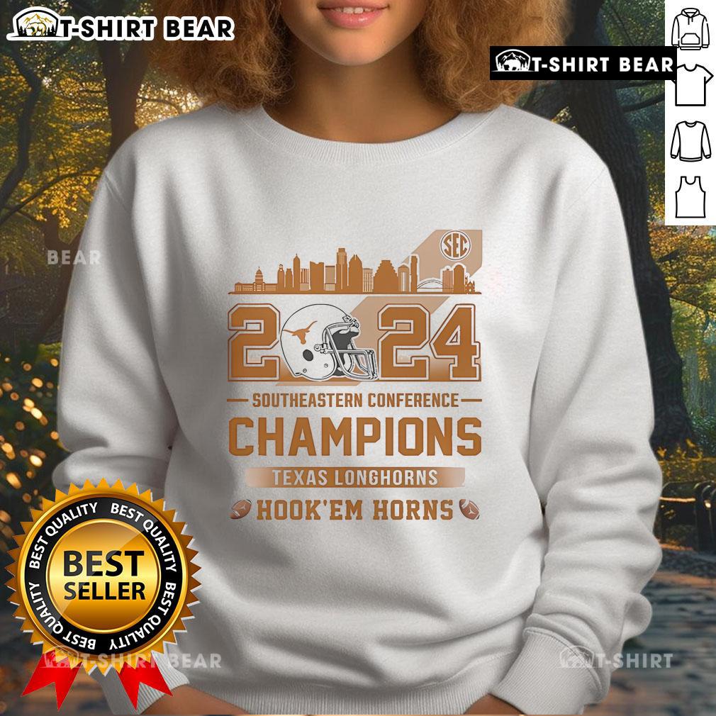 Official Texas Longhorns 2024 Southeastern Conference Champions sweatshirt featuring 'Hook 'Em Horns' design.