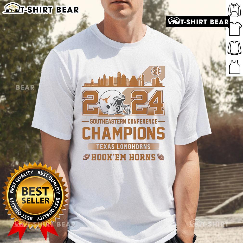 Alt Text: 2024 Texas Longhorns Southeastern Conference Champions T-Shirt featuring 'Hook 'Em Horns' design.