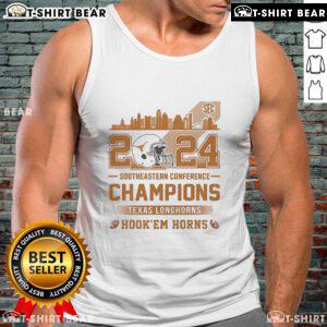 Official Texas Longhorns SEC Champions 2024 Hook Em Horns tank top featuring team colors and logo.