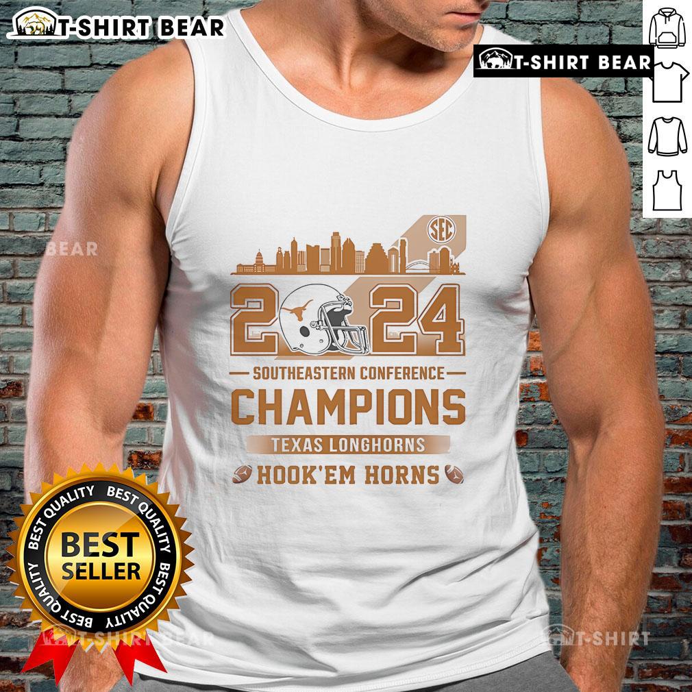 Official Texas Longhorns SEC Champions 2024 Hook Em Horns tank top featuring team colors and logo.