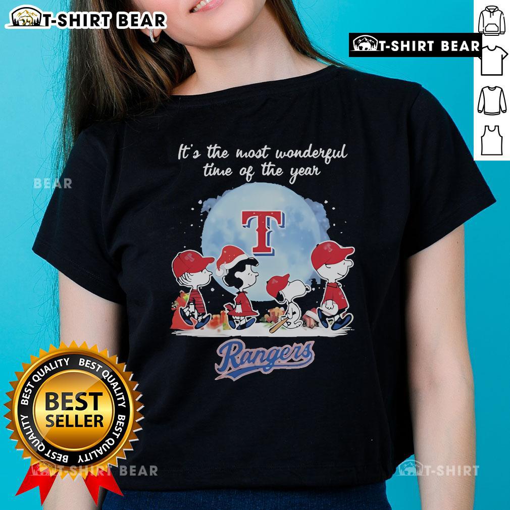 Texas Rangers Christmas tee featuring Peanut characters, celebrating the most wonderful time of the year.