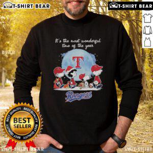 Alt Text: Official Texas Rangers Christmas sweatshirt featuring Peanut characters, perfect for the holiday season.