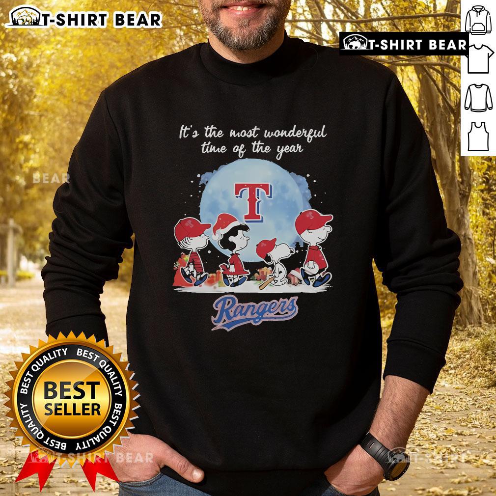 Alt Text: Official Texas Rangers Christmas sweatshirt featuring Peanut characters, perfect for the holiday season.