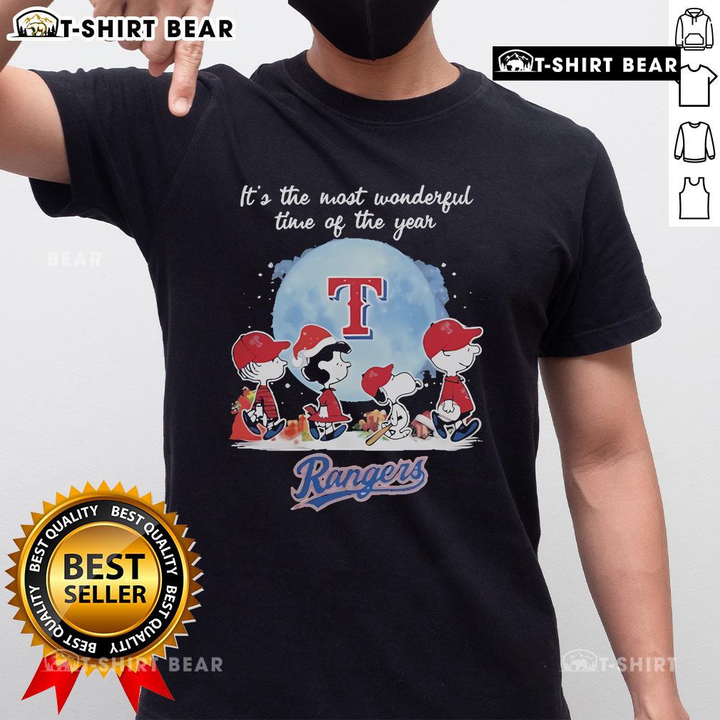 Official Texas Rangers Christmas T-Shirt featuring Peanut characters and 'Its The Most Wonderful Time Of The Year' design.