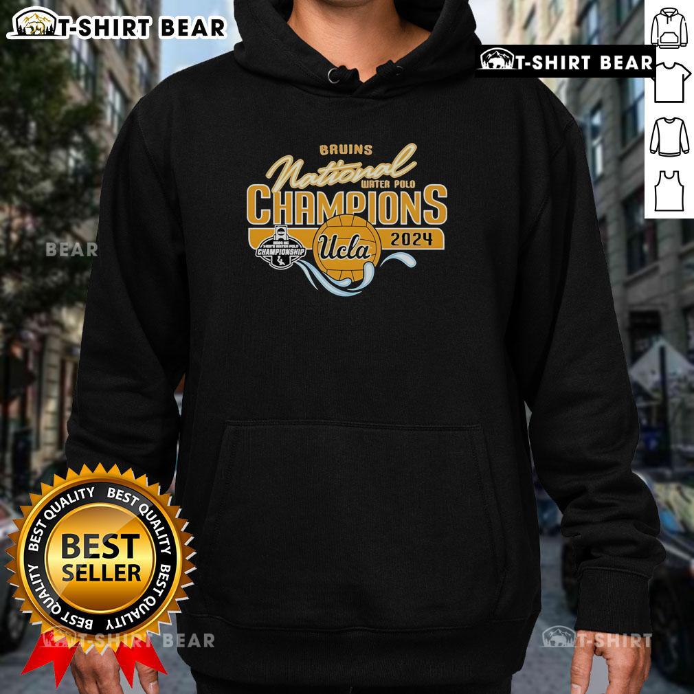 Official UCLA Bruins 2024 NCAA Men's Water Polo National Champions hoodie showcasing team colors and logo.