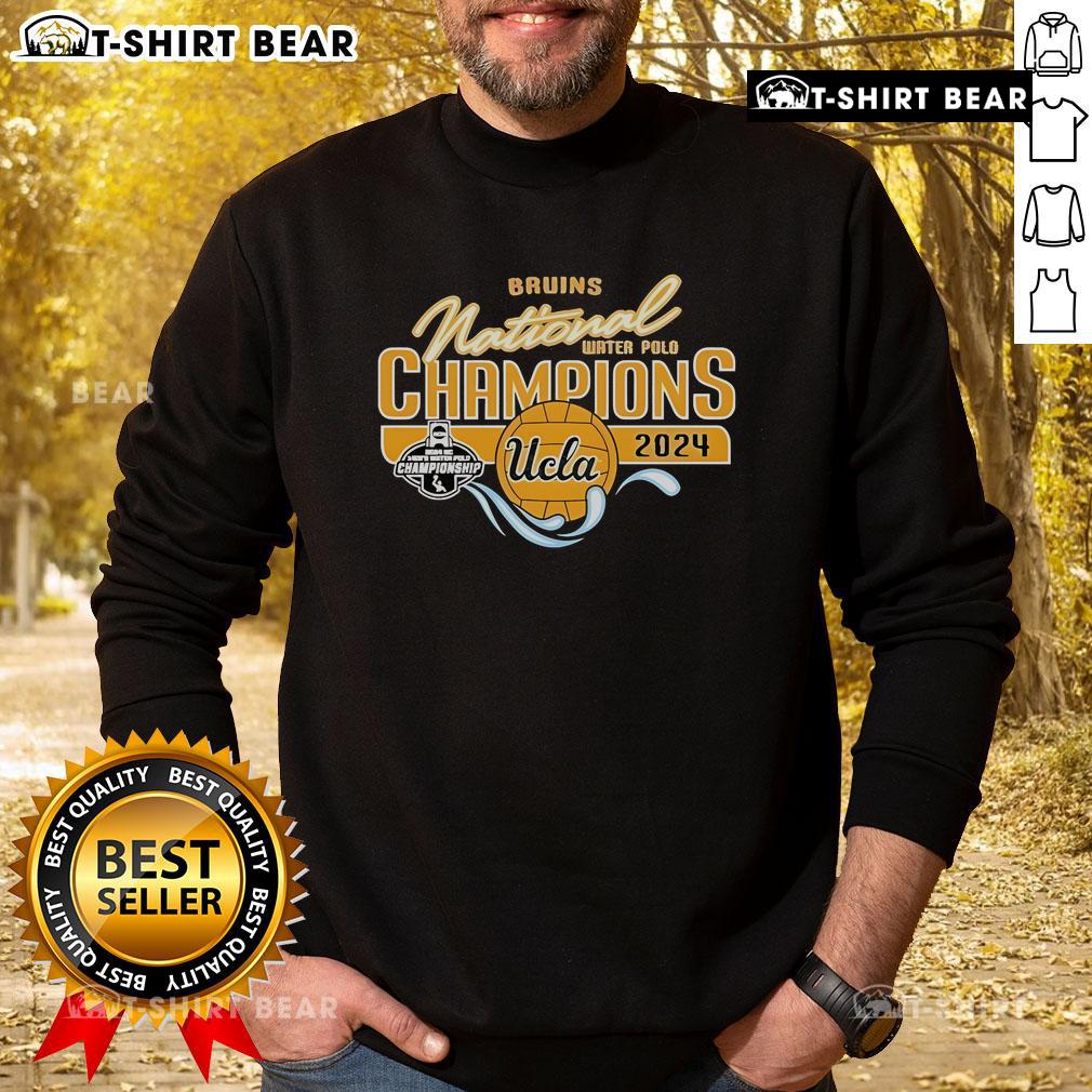Official UCLA Bruins 2024 NCAA Men's Water Polo National Champions sweatshirt featuring team colors and logo.