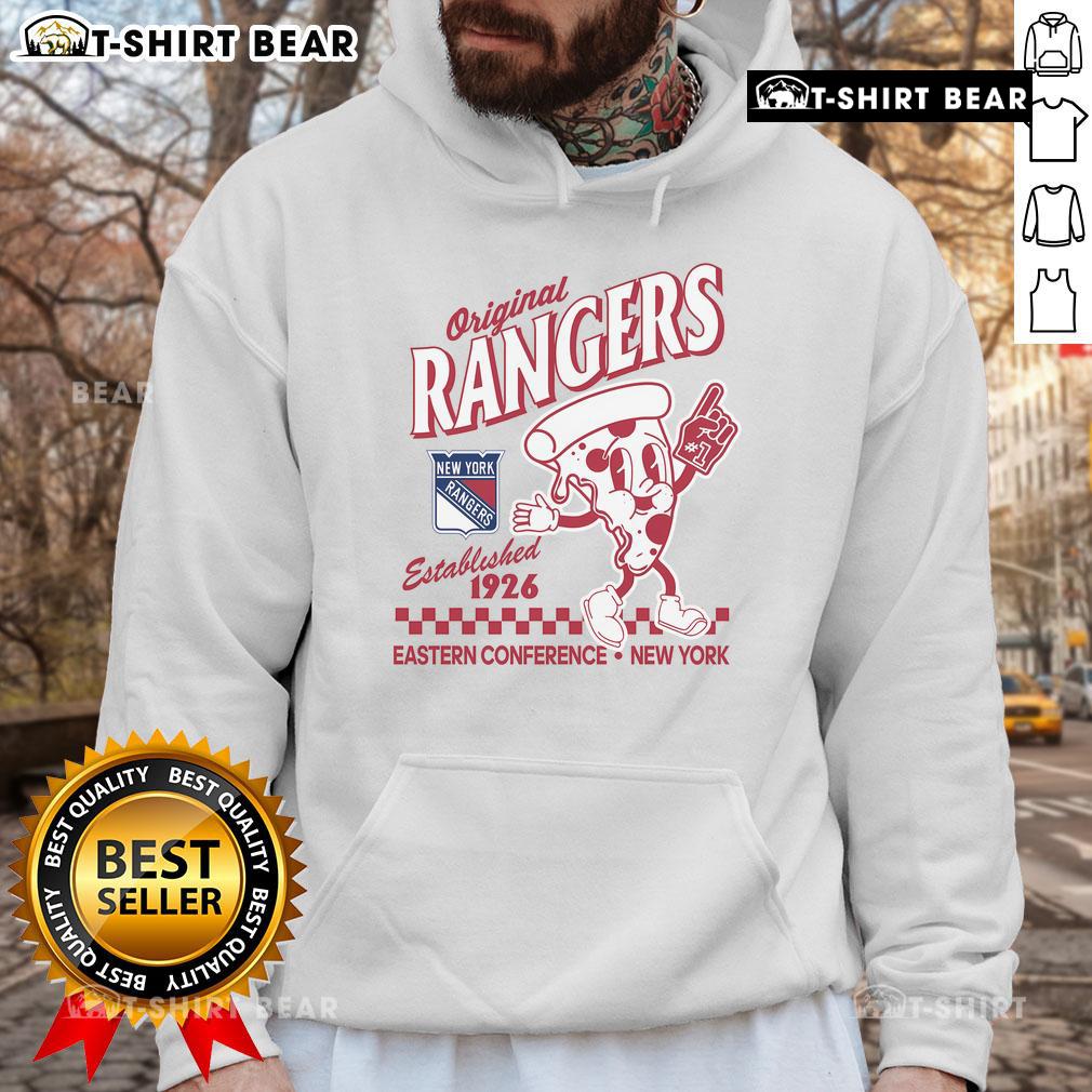 Alt Text: Original New York Rangers pizza slice hoodie, established 1926, featuring vibrant team colors and logo design.