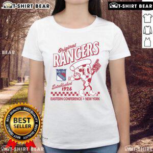 Original New York Rangers pizza slice ladies tee, established 1926, featuring vibrant team colors and logo design.