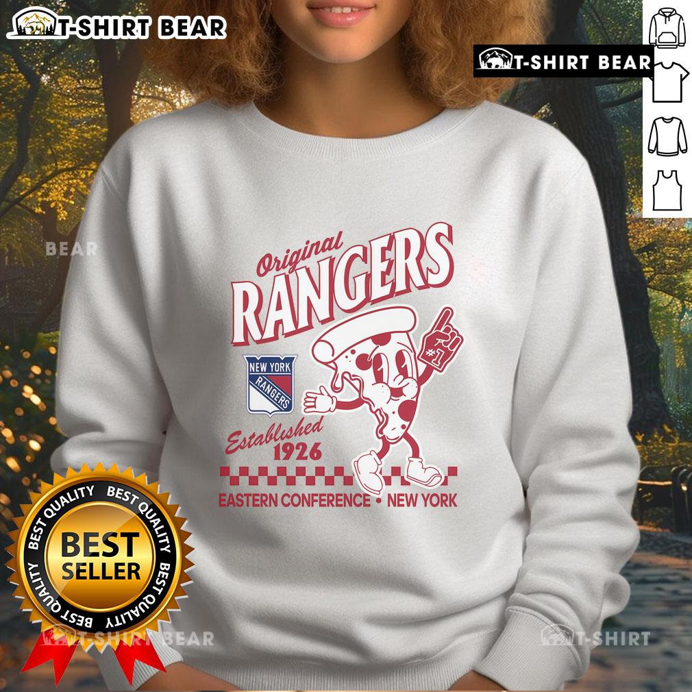 Original New York Rangers pizza slice sweatshirt established 1926, featuring team colors and logo for fans.