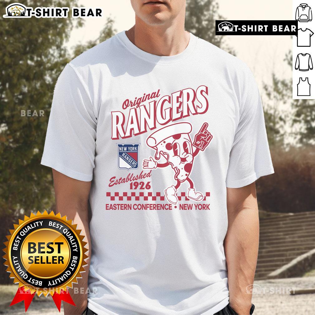 Original New York Rangers Pizza Slice T-Shirt established 1926, featuring vibrant graphics and team colors.