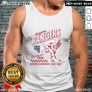 Alt Text: Original New York Rangers pizza slice tank top, established 1926, featuring vibrant graphics and team colors.