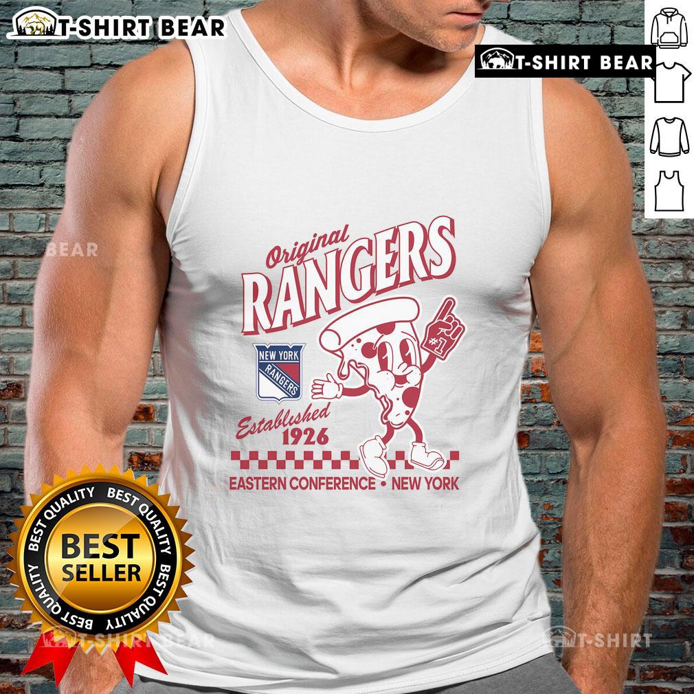 Alt Text: Original New York Rangers pizza slice tank top, established 1926, featuring vibrant graphics and team colors.