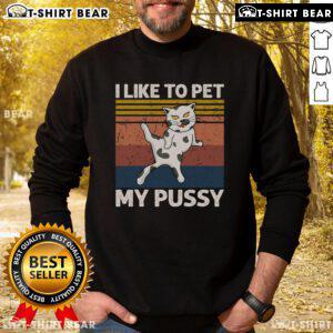 Premium cat sweatshirt featuring the funny saying 'I Like To Pet My Pussy' for adult humor lovers.