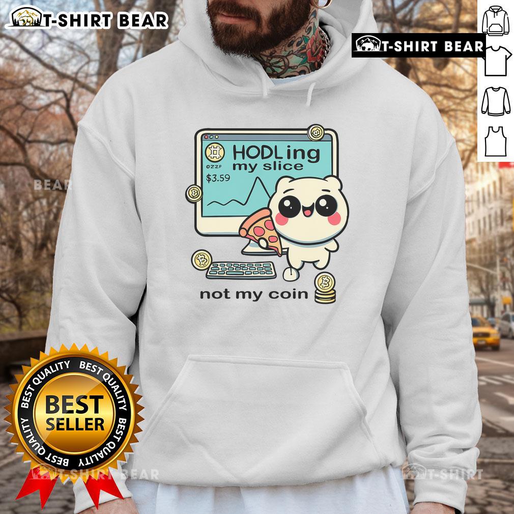 Girl holding a pizza slice while wearing a Bitcoin hoodie, showcasing a fun blend of crypto culture and casual style.