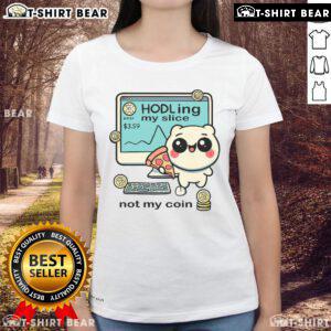 Pretty lady holding a pizza slice while wearing a Bitcoin-themed tee, showcasing her love for crypto and fun style.