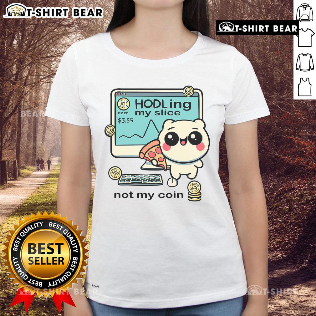 Pretty lady holding a pizza slice while wearing a Bitcoin-themed tee, showcasing her love for crypto and fun style.