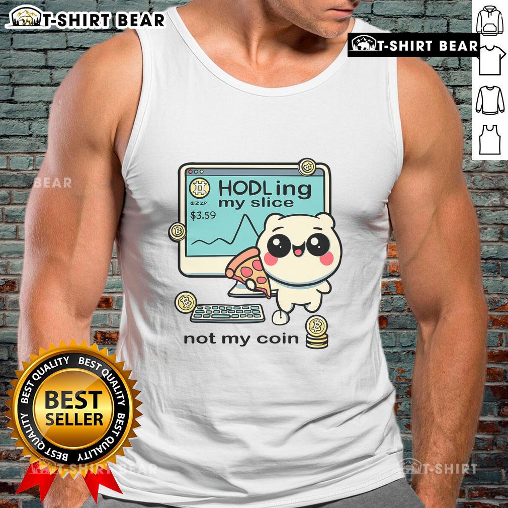 Girl in a Bitcoin tank top holding a pizza slice, showcasing her love for crypto and pizza in a vibrant setting.
