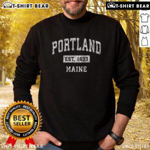 Vintage Established Sports sweatshirt featuring 'Pretty Portland Maine' design, established 1633, perfect for local enthusiasts.
