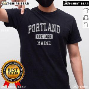 Alt Text: Vintage 'Pretty Portland Maine Me' sports T-shirt established 1633, showcasing a classic design for Maine enthusiasts.